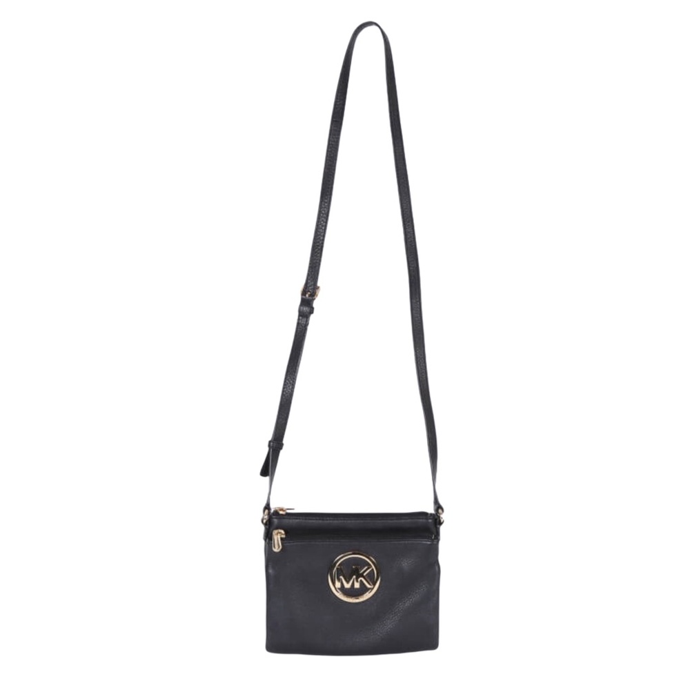 Michael Kors Fulton Black Leather Messenger Crossbody Gold Hardware